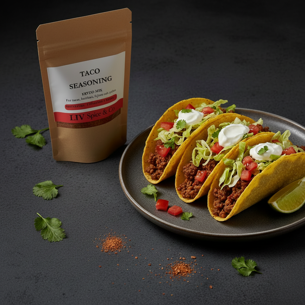 Krispiga tacos med köttfärs, sallad och crème fraîche serverade med LIV Spice & Co Taco Seasoning