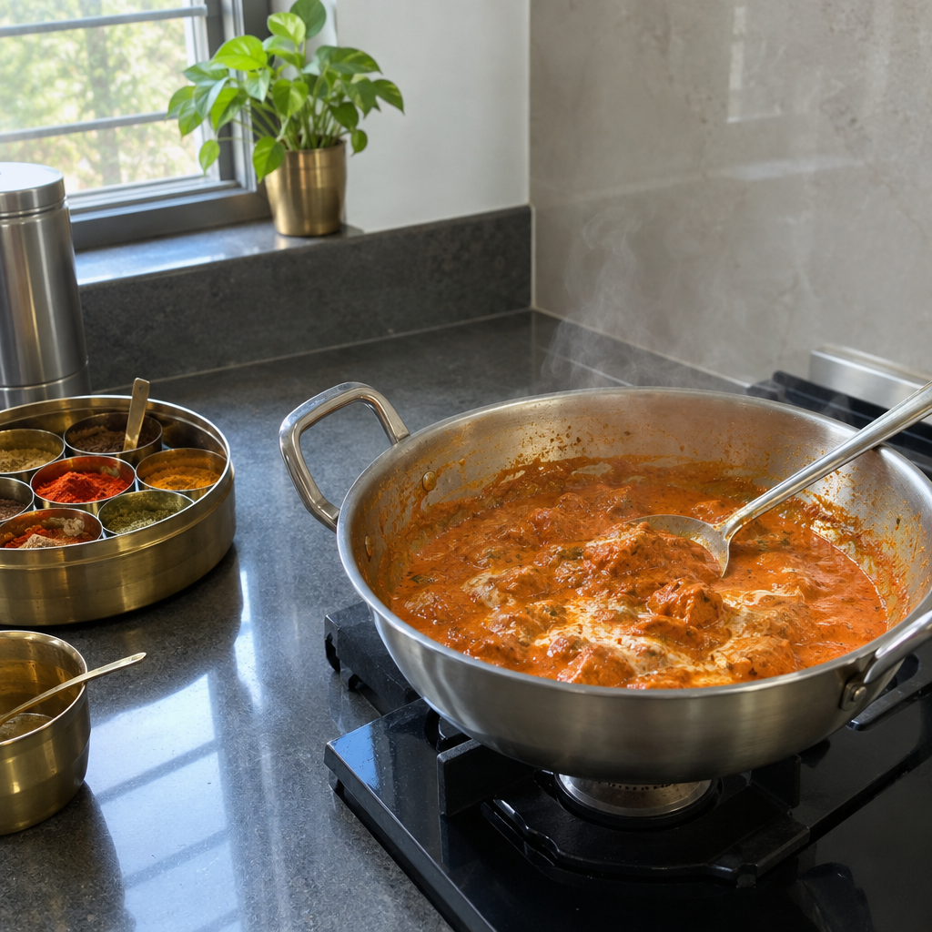 Modern Indian kitchen with brass spice box and kadai of butter chicken