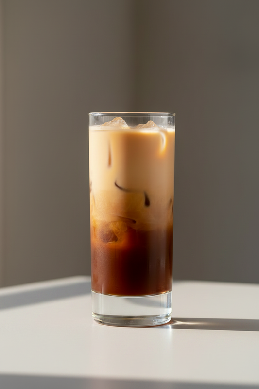 Ischai latte i ett högt klarglas med islager i botten, mörk chai-koncentrat i mitten och krämig havremjölk på toppen