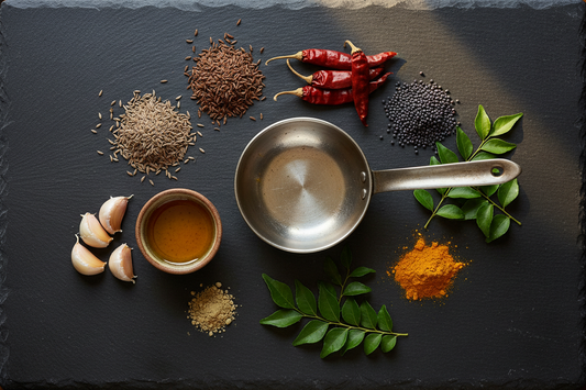 Tadka-ingredienser ovanifrån – spiskummin, senapsfrön, torkade röda chilifrukter, curryblad, vitlök, ghee och en stålpanna för tadka på mörkt skiffer