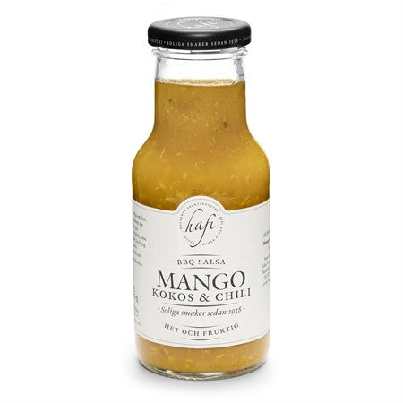 Mango Kokos Chili salsa i glasburk – het och fruktig salsa med mango, kokos och chili från Hafi, LIV Spice & Co