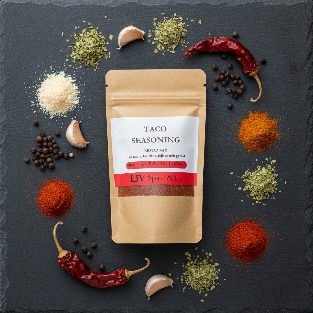 LIV Spice & Co Taco Seasoning omgiven av ingredienser – paprika, chili, kummin, koriander, lök, vitlök, oregano, svartpeppar och sumac