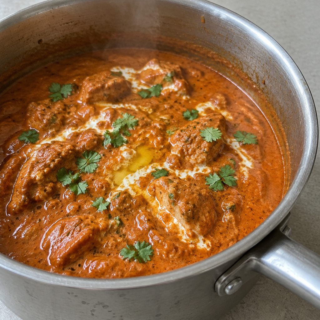 Butter chicken gravy in a stainless steel pot