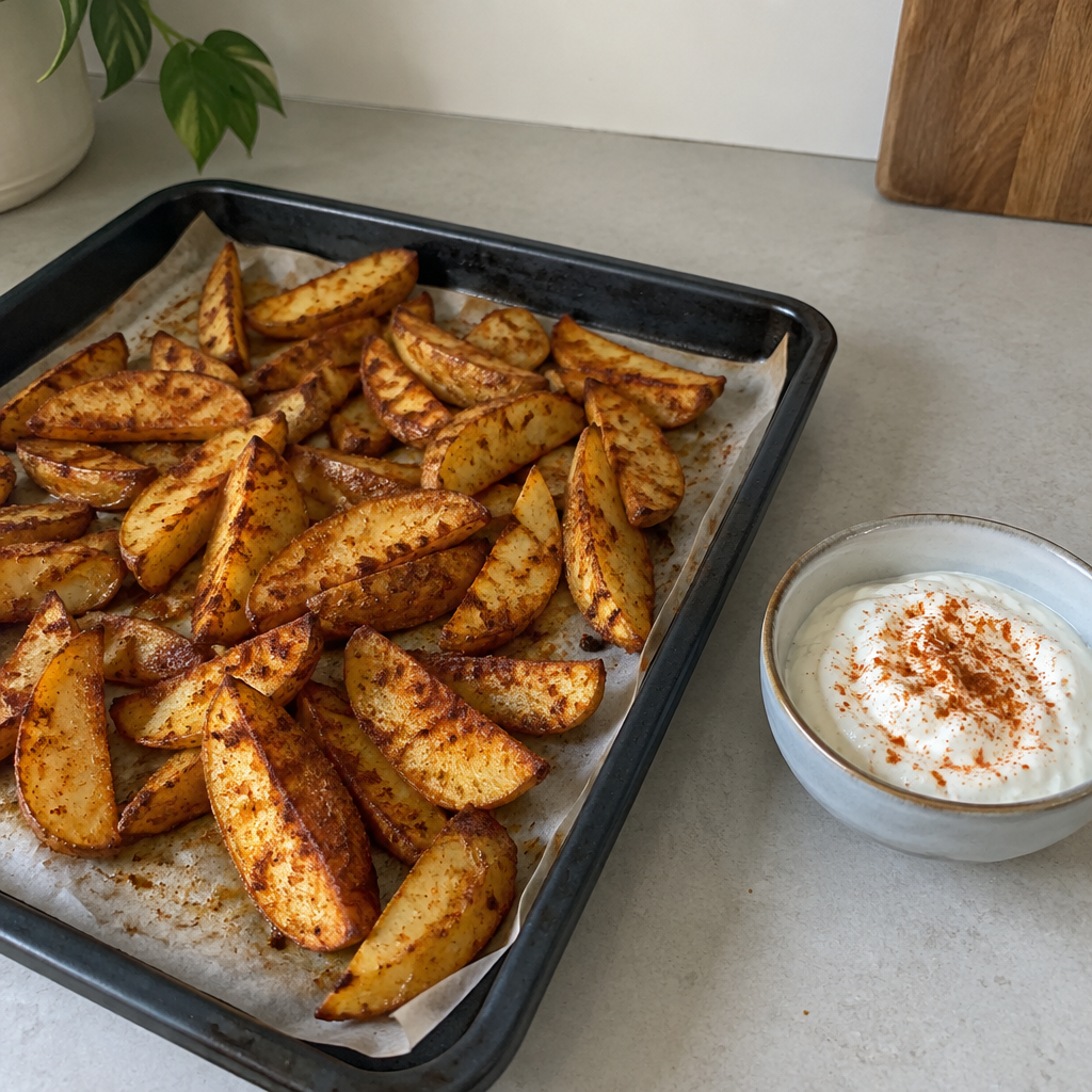 Cajun-spiced potato wedges with a dip