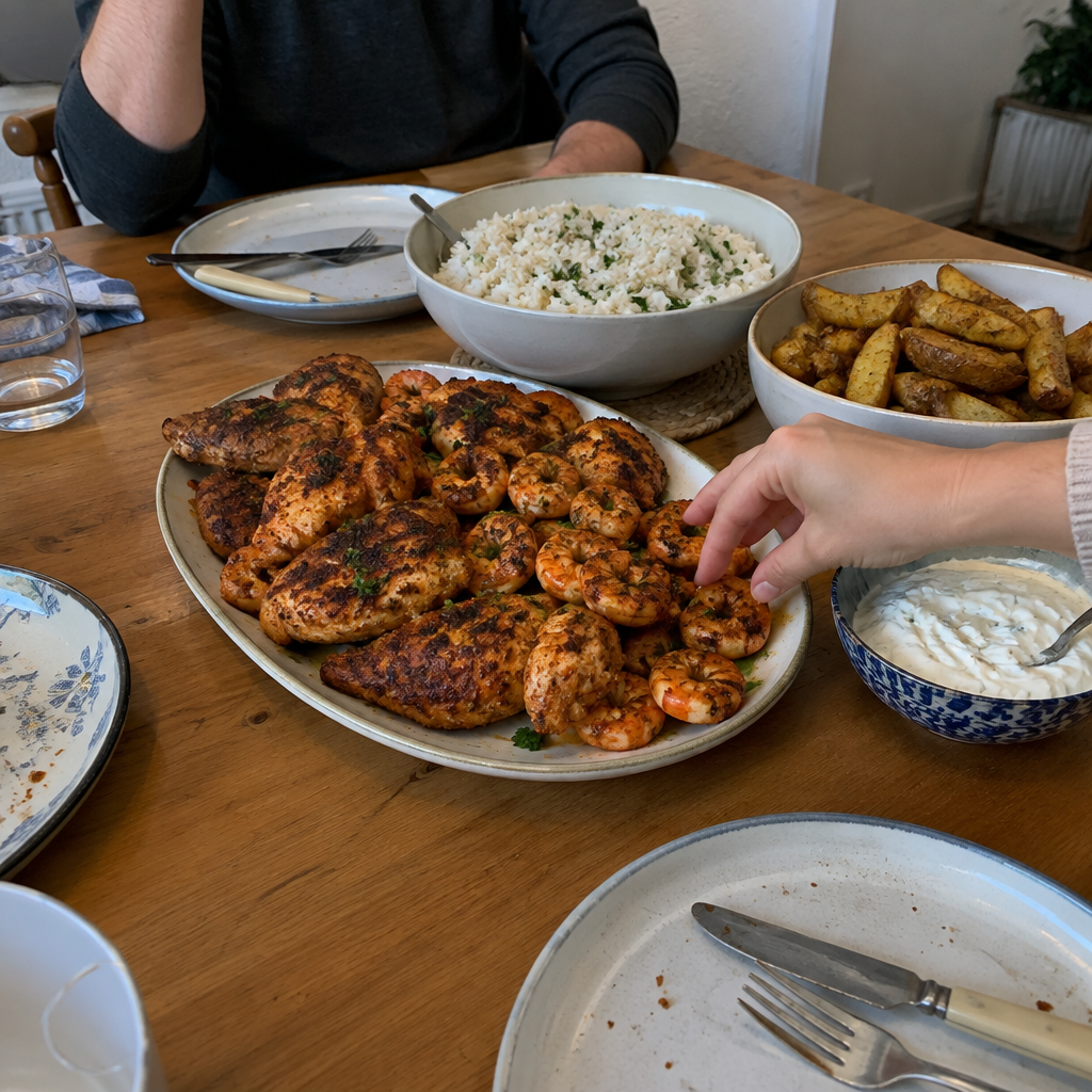 Family dinner table with cajun grilled chicken, shrimp, rice and potato wedges