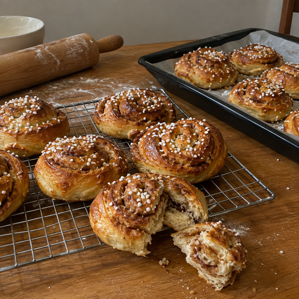 Freshly baked kanelbullar on a rack