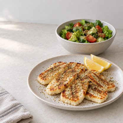 Grilled halloumi and green salad with za'atar