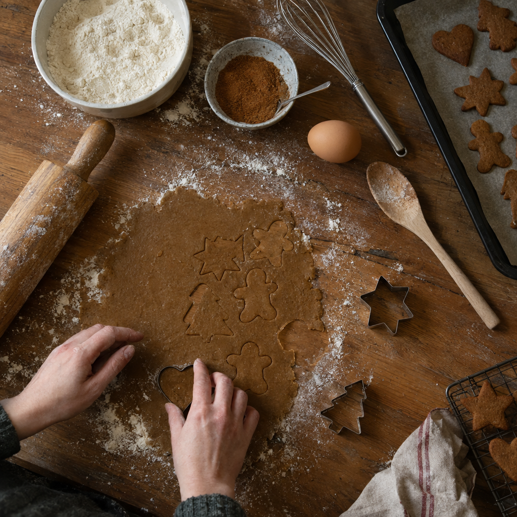 Hands rolling gingerbread dough with spice and cut-out shapes