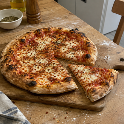 Homemade pizza with tomato sauce, mozzarella and herbs