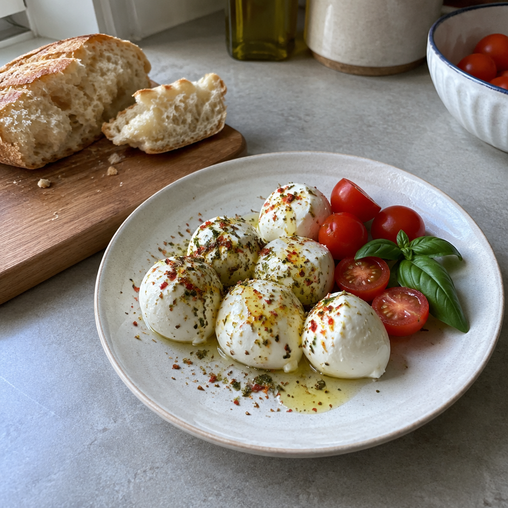 Mozzarella balls with olive oil and tomato herb spice