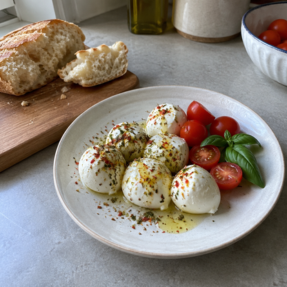 Mozzarella balls with olive oil and tomato herb spice