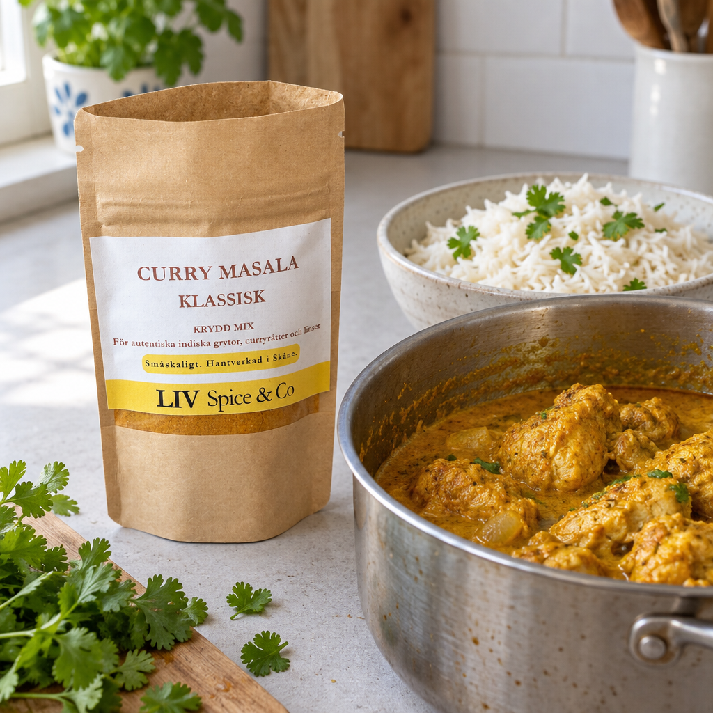 Open Curry Masala pouch beside a pot of chicken curry and rice
