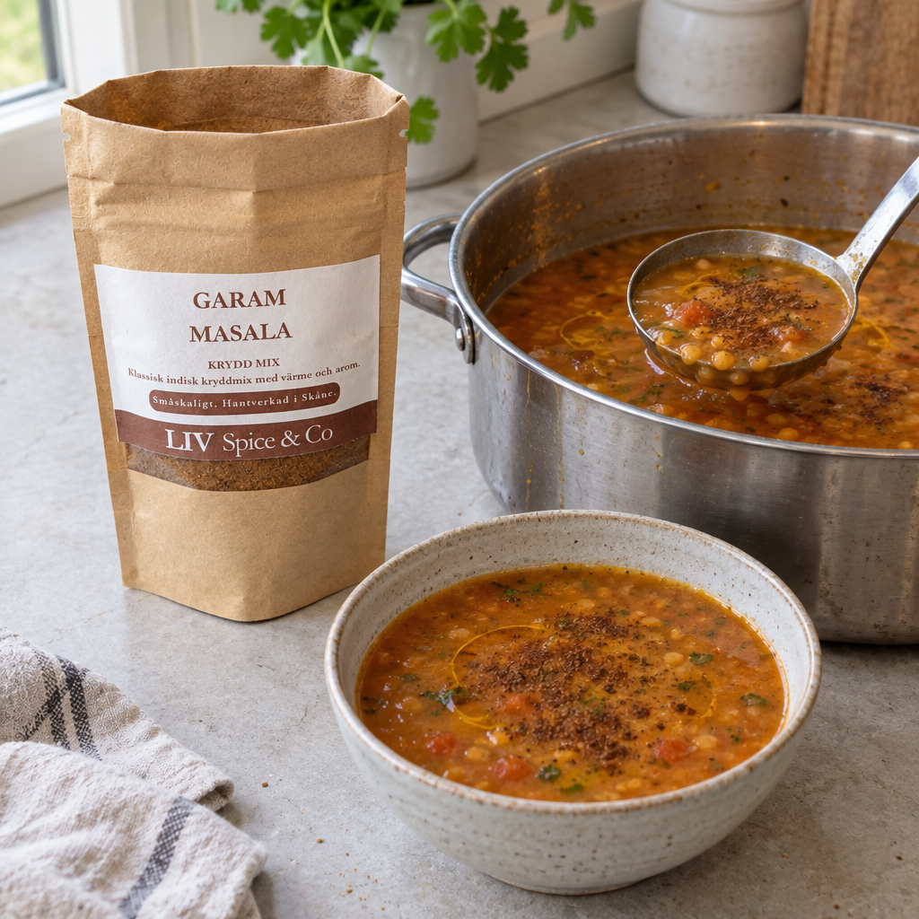 Open Garam Masala pouch beside a pot of thin red lentil soup