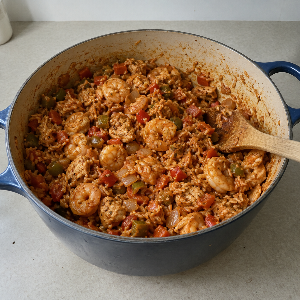 Pot of jambalaya-style rice with shrimp and chicken