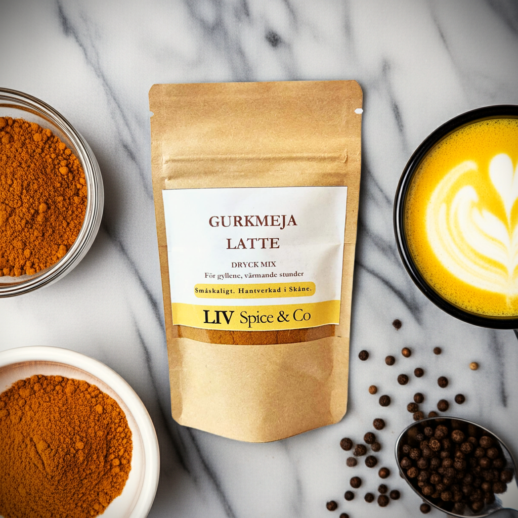 Gurkmeja latte LIV Spice & Co, nyttig, ha i smoothies, golden milk, växt baseat drycker