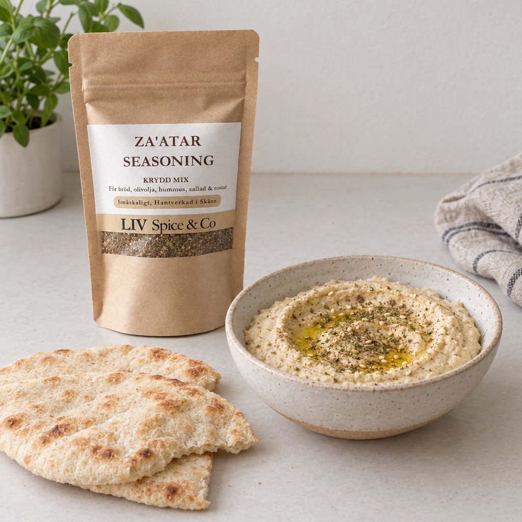 Za'atar pouch with hummus and flatbread in a simple kitchen